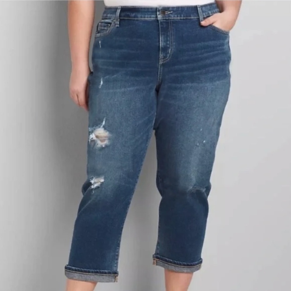 Lane Bryant - Signature Fit Distressed Boyfriend Capri Blue Jean - 22 /3X